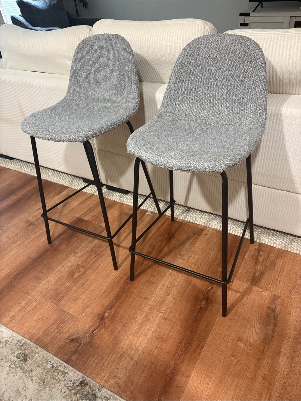 Set of 2 Modern Gray Bouclé Counter Stools with Black Metal Legs